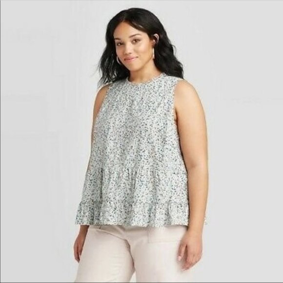 Universal Thread Tops - Universal Thread Light Blue Floral Peplum Sleeveless High Neck Tank Flowy Bottom
